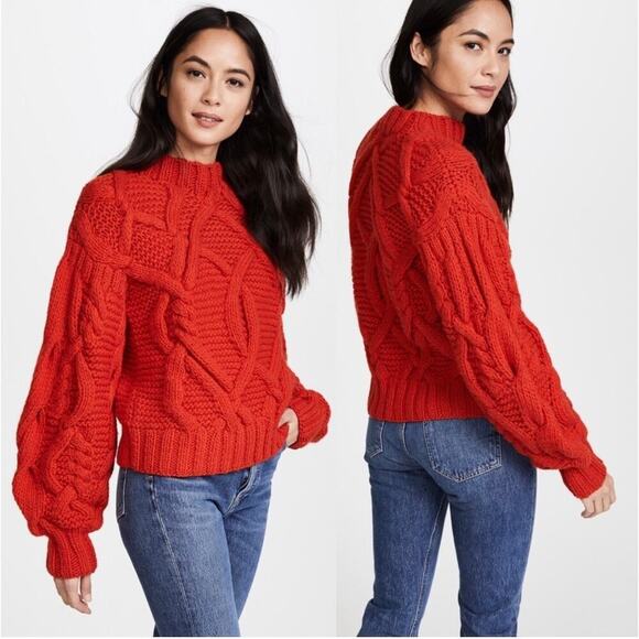 Ulla Johnson Pilar Chunky Cable Knit Crewneck Sweater Crimson Red Size PS/Small - Picture 1 of 12